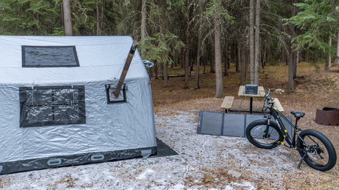 Portable solar panels set up at a forest campsite next to a tent and bicycle